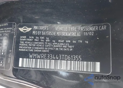 2003 Mini Cooper S from USA, damaged, VIN WMWRE33443TD61355